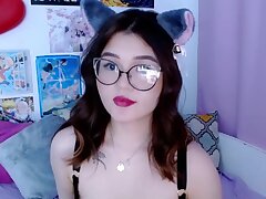 Hot booty asian is sucking her fake dick dildo on webcam, she is so hot in this lingerie set and pantyhose